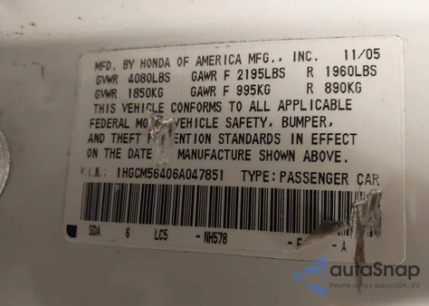 2006 Honda Accord 2.4 Lx из США, поврежденный, VIN 1HGCM56406A047851